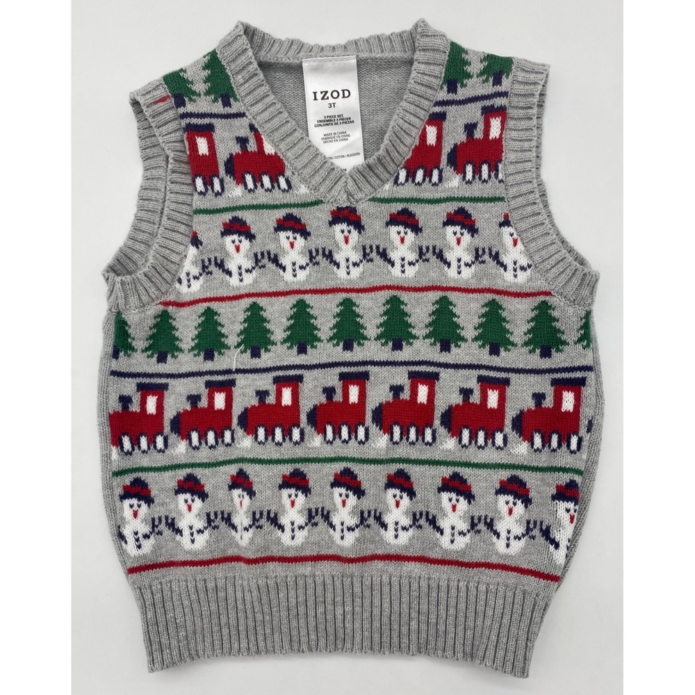 IZOD Toddler Boys 3T Gray Christmas Sweater Vest Train Snowman Tree Cotton